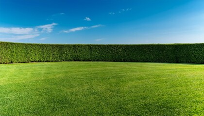 Obraz premium Green Grass Lawn With A Tall Hedge Under A Clear Blue Sky