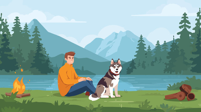 Young man meditates with calm Shiba Inu dog in peaceful garden wellness setting