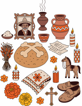Ofrenda Altar Offerings Flat Vector Illustration Dia De Los Muertos Celebration Set with Pan De Muerto Copal Incense and Ancestor Portrait Isolated Collection for Marketing Packaging and Presentations