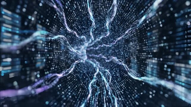 Abstract Digital Network Tunnel with Blue and Purple Energy Trails.