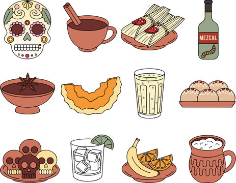 Traditional Mexican Food and Drink Flat Vector Illustration Dia De Los Muertos Celebration Set with Sugar Skull Candy Hot Chocolate Tamales Pan De Muerto Isolated Collection for Marketing and Packagin