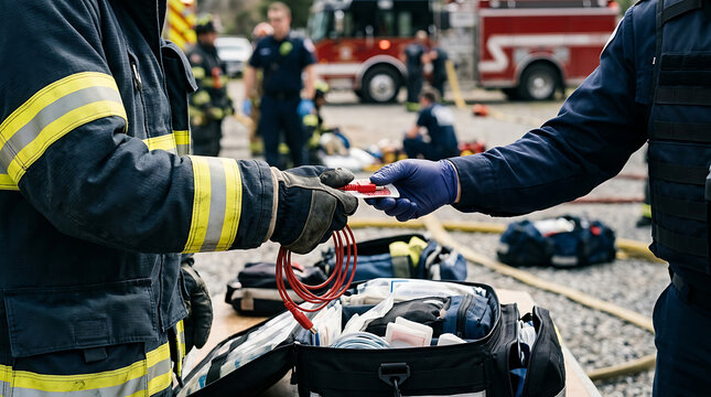 Firefighter paramedic hands exch&hellip; isolated on a clean white background