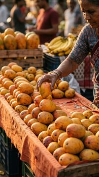 Older South Asian woman in a printed sari with glass bangles carefully stacking ripe yellow mangoes into a pyramid display at a busy Indian outdoor street market