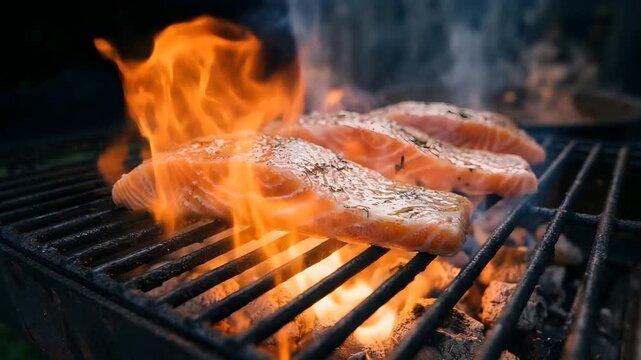 Fresh and flavorful salmon fillets sizzling over a fiery barbecue grill, showcasing a delicious and healthy outdoor cooking experience with vibrant flames