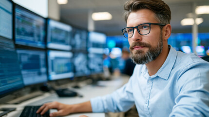 Fototapeta premium Man working on a computer in a modern control room with multiple screens and data monitoring in a professional environment, defocused background, with copy space