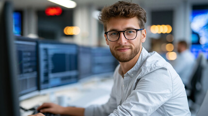 Fototapeta premium Man working on a computer in a modern control room with multiple screens and data monitoring in a professional environment, defocused background, with copy space