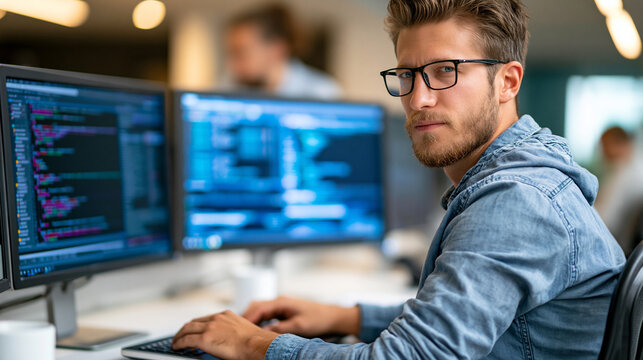 Young man working at a desk using multiple computer monitors displaying programming code and system data, software development in office setting, defocused background, with copy