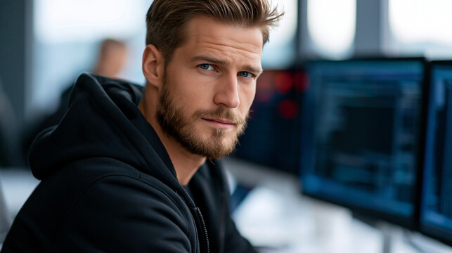 Serious man wearing a black hoodie working intently across multiple computer monitors displaying complex code and red warning alerts inside a dark security room, cybersecurity