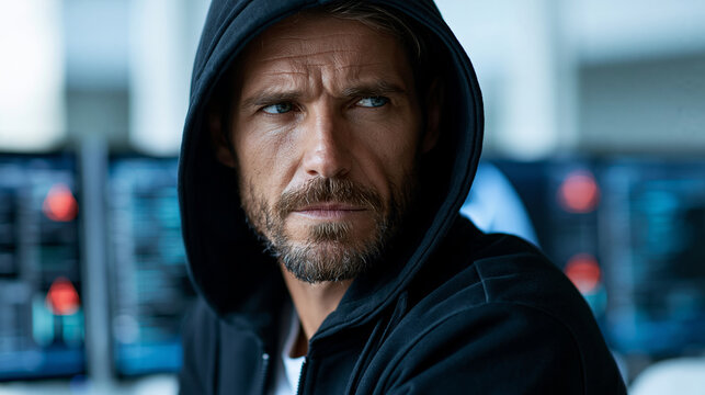 Serious man wearing a black hoodie working intently across multiple computer monitors displaying complex code and red warning alerts inside a dark security room, cybersecurity