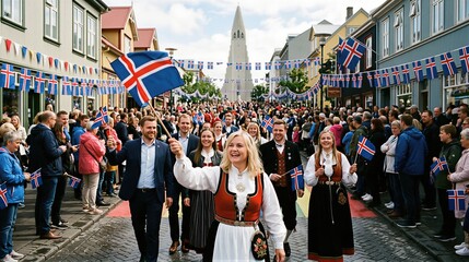 Obraz premium Happy woman and man in traditional costume walking at the Icelandic National Day parade in Reykjavik. Crowded street with flags celebrating Icelandic independence and national culture.