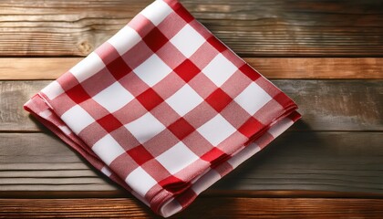 Obraz premium Red Gingham Napkin On Wood A Red And White Gingham Napkin Sits On A Wooden Surface Exuding Simplicity And Elegance Evoking Feelings Of Comfort And The Simplicity Of Everyday Life