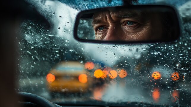 A man's concerned face reflected in a rearview mirror on a rainy day while driving