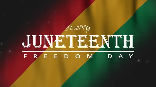 Juneteenth Freedom Day video featuring elegant white text animation on waving flag and glowing particles.