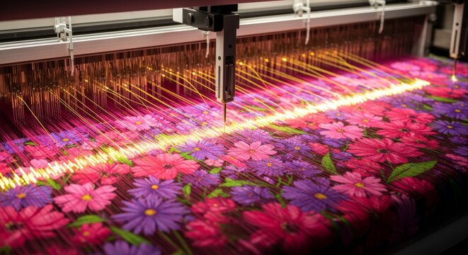 Closeup Of A Jacquard Loom Machine Weaving A Colorful Floral Fabric With Golden Threads