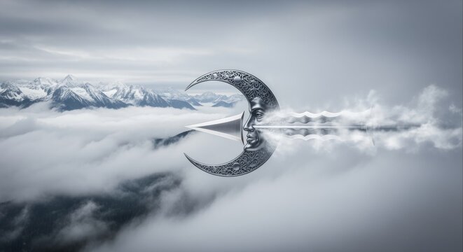 A gleaming metallic crescent, perfectly mirrored above a tranquil sea of clouds and majestic mountain range, embodying abstract serenity and future vision