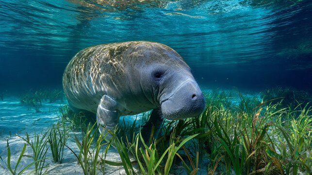 A large manatee swims underwater in a sea of vibrant green grass and clear blue water.