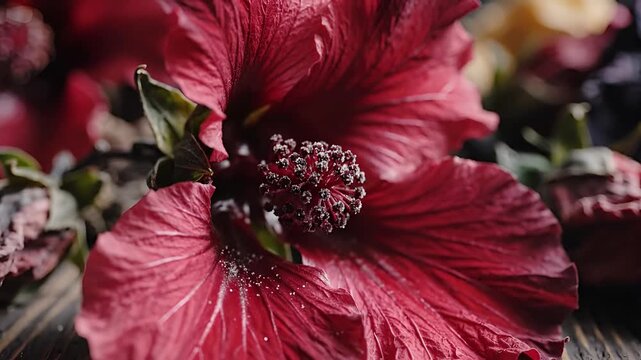 Closeup of a deep red hibiscus flower with ruffled petals on a wooden surface.