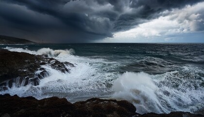 Fototapeta premium The Ocean Is Rough And Choppy With Dark Clouds Looming Overhead