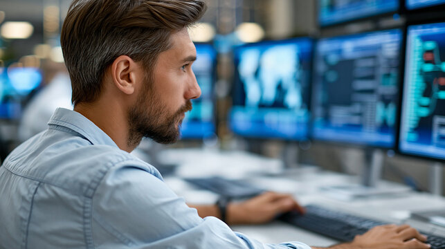 Faceless man working on multiple computer monitors in a dark high-tech surveillance or data analysis control room, defocused background, with copy space