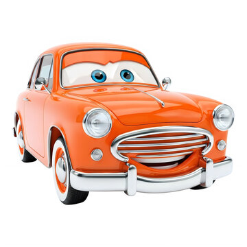 Animated orange vintage car with expressive face driving on road