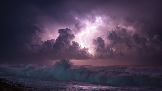 A dramatic stormy ocean landscape with lightning illuminating the dark clouds