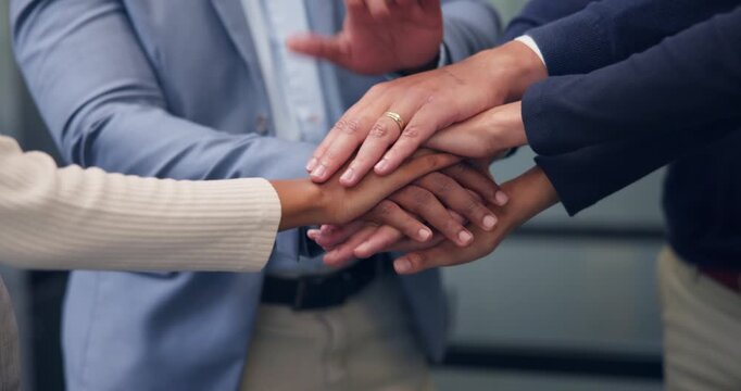 Team, stack and hands of business people in office for success, solidarity and achievement. Support, huddle and mission with group of employees in agency for celebration, agreement and goal together