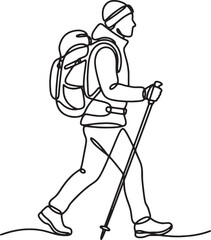 Obraz premium Hiker Backpacker One Line Art Vector Illustration – Adventure Travel Minimal Outline Drawing