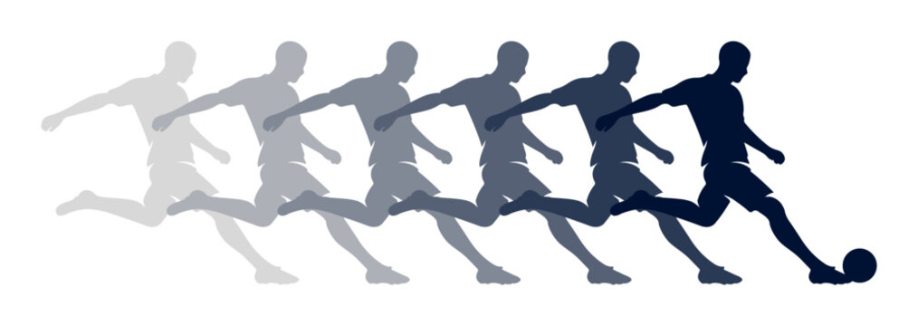 Soccer Player in Motion Silhouette Vector, Footballer Kicking Ball Sequence Illustration. Sports Player Running and Striking Football. 
