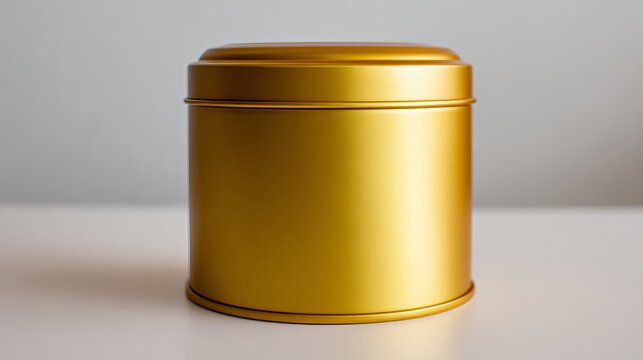 A shiny gold metal container with a lid sits on a white surface