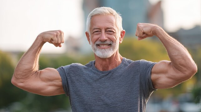 A muscular senior man flexing his arms in a city park with a blurred background