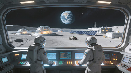Fototapeta premium Lunar base operations viewed through spacecraft window. Astronauts monitoring moon colony with glass domes and solar panels.