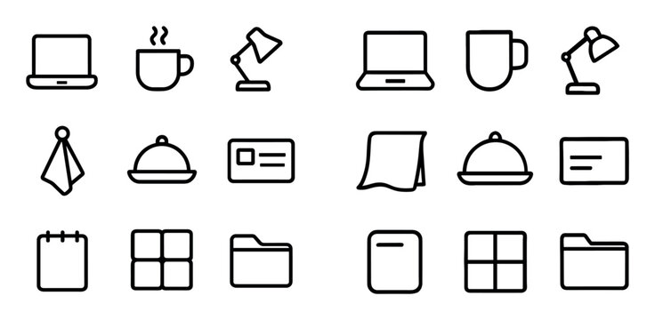 Work and office UI elements with laptop, coffee cup and desk lamp for web dashboard design in outline style
