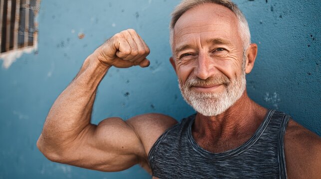 A fit senior man showing off his muscular arm and smiling confidently in a casual setting.