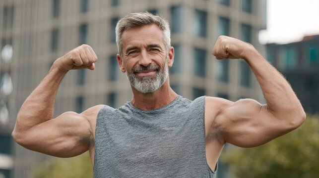A muscular older man flexing his arms in front of a city skyline