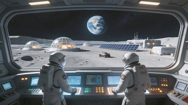 Lunar base operations viewed through spacecraft window. Astronauts monitoring moon colony with glass domes and solar panels.
