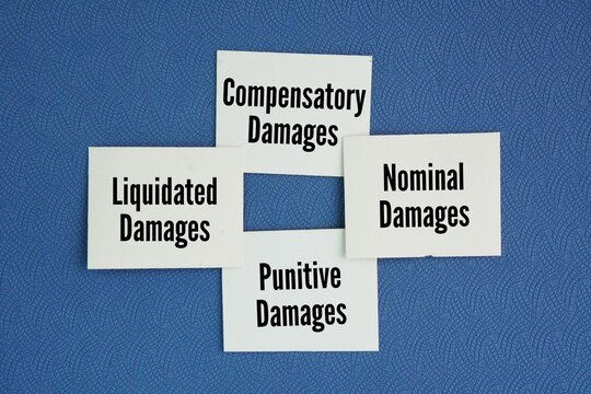 Paper with the words Compensatory Damages, Nominal Damages, Punitive Damages, Liquidated Damages. What are the 4 types of damages? 