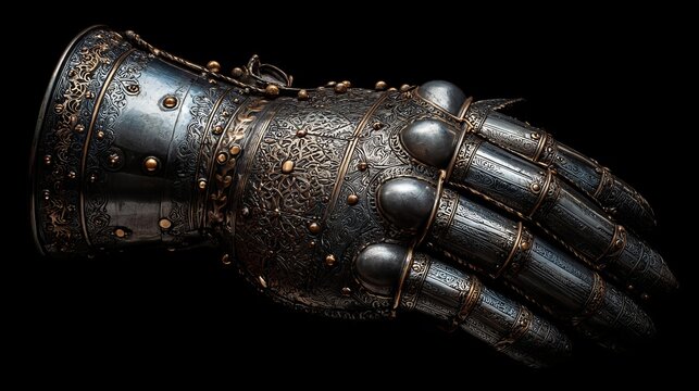 A close-up view of an intricately designed medieval gauntlet on a black background
