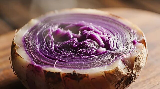 Closeup of a halved red cabbage on a wooden surface.