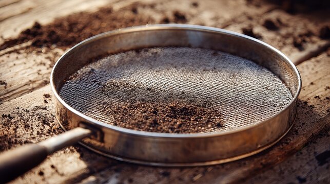 A metal sifter with soil on a wooden surface, used for gardening or landscaping tasks.