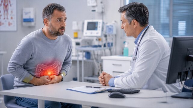 Man patient holding his stomach in pain while consulting with doctor. Medical examination of abdominal discomfort. Healthcare professional discussing diagnosis and treatment with sick adult male.
