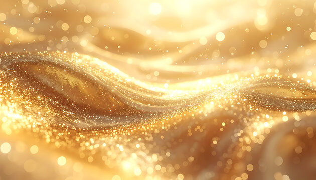 Golden shimmering waves of light particles and bokeh, luxury abstract background, elegant celebration or festive mood