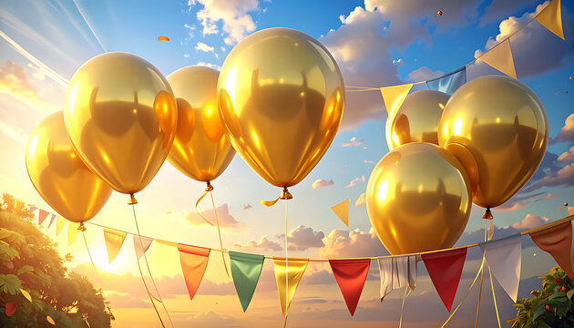 Golden balloons floating against a sunny sky with colorful bunting, celebrating a special event