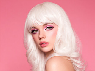 Fototapeta premium Glamorous woman with white curly hair and pink makeup on pink background