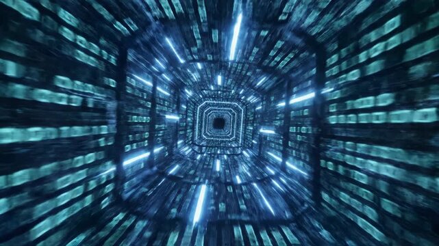 Abstract digital tunnel with glowing blue light and binary code