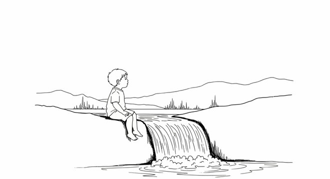 Child sitting calmly atop a flowing small waterfall sketch.