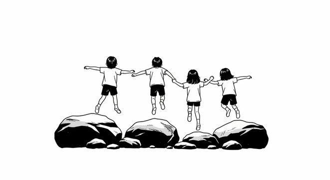 Silhouette of children balancing on rocks together.