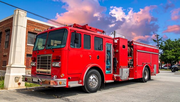 A red firetruck parked on a street in front of a brick building