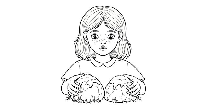 Young girl holding two small sheep illustration outline.
