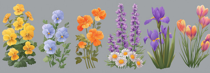 Obraz premium six different types of flowers are illustrated in a row against a light gray background