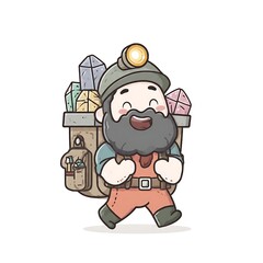 Fototapeta premium Cute cartoon miner character holding pickaxe and lantern.